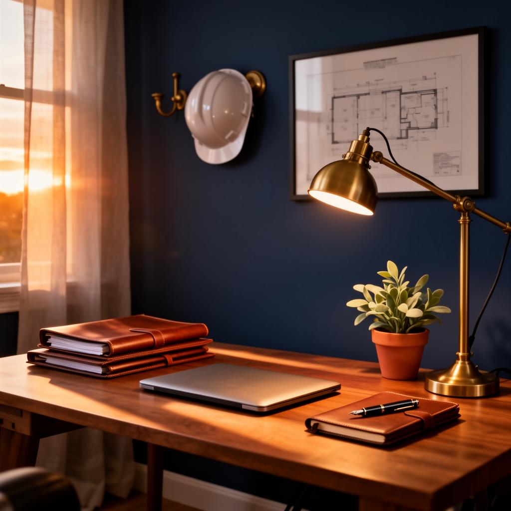 Aufgeräumter Schreibtisch im goldenen Abendlicht mit Pflanze und sortierten Ordnern