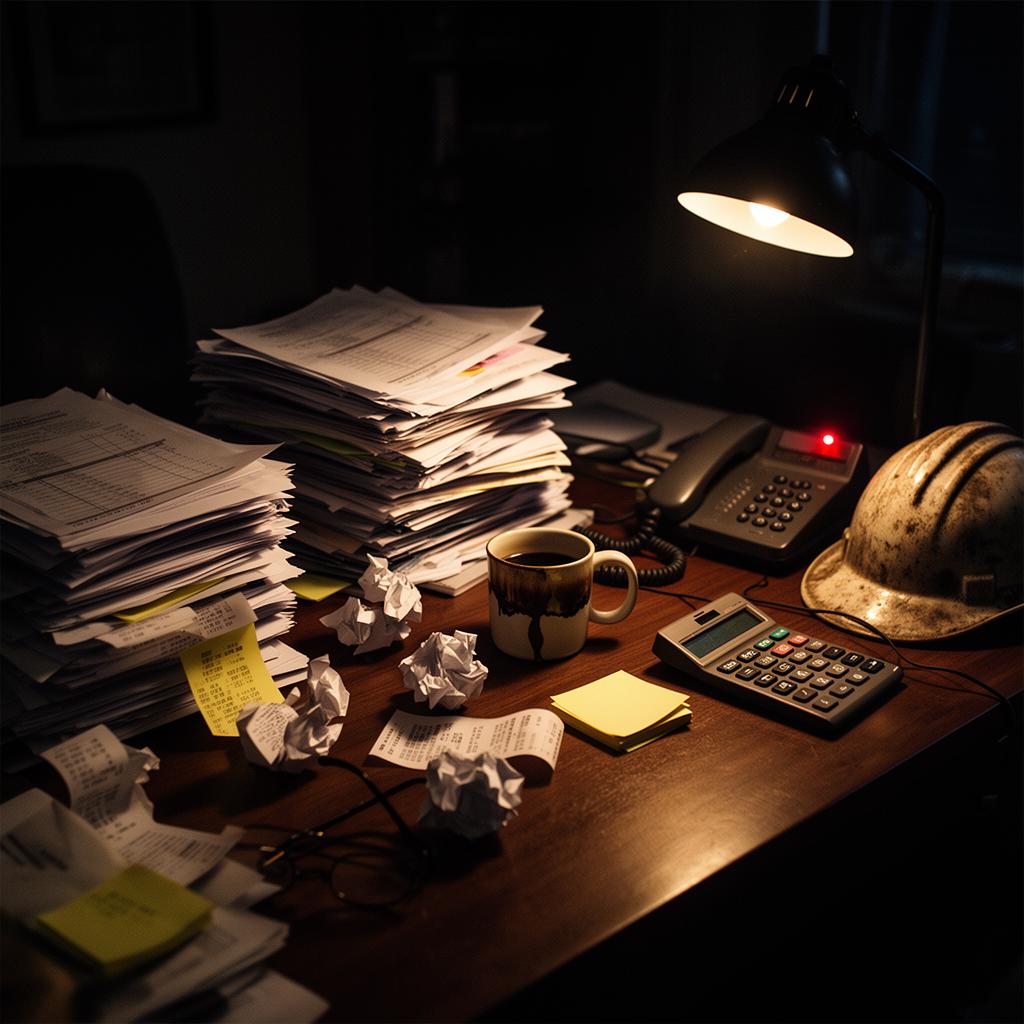 Chaotischer Schreibtisch mit Papierbergen, blinkendem Telefon und Kaffeefleck spät am Abend