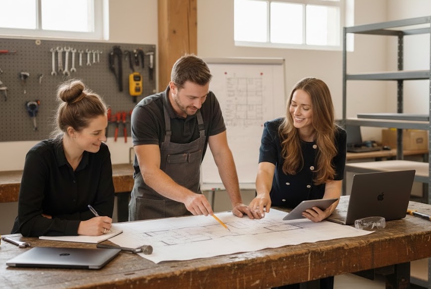 Werkbank-Szene: Handwerker arbeitet konzentriert